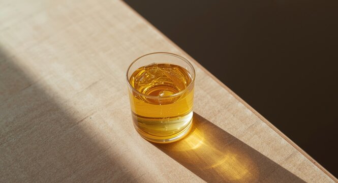 Flat lay view of a glass with organic apple cider vinegar casting a pronounced shadow on the wooden table