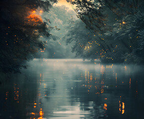 Fototapeta premium A serene lake surrounded by trees and fireflies at dusk