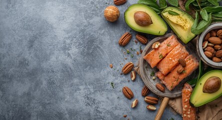 Fototapeta premium Omega 3 and unsaturated fat rich ingredients like almonds salmon avocado and pecans with copyspace for text