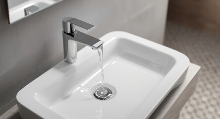 Fototapeta premium Shiny chrome tap dispensing water into a stylish white rectangle basin in bathroom interior