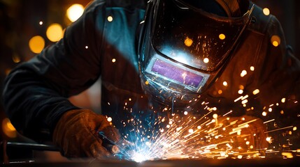 Welder in Action with Sparks Flying.