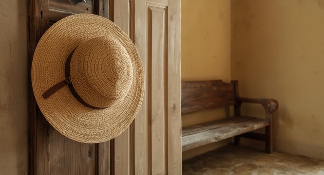 Amish straw hat showcased on a traditional hook in a colonial home replica mudroom