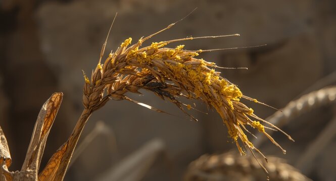 Rust infected wheat stalks displaying yellow powdery spores on surface