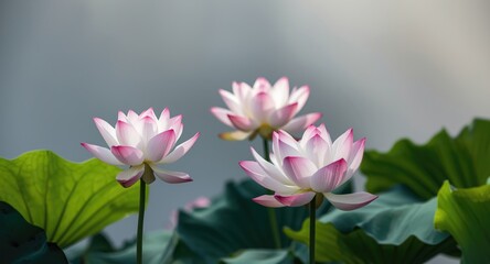 Obraz premium Bright blooming lotus flowers paired with thick green leaves
