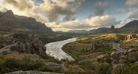Tranquil landscape featuring a scenic mountain viewpoint overlooking a winding road by a flowing river and gentle foothills under a dramatic sky