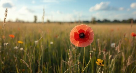 Sun kissed red poppy flower standing out in vibrant green fields on a warm summer afternoon