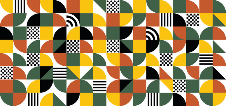 Abstract geometric seamless pattern in retro mid-century style with circles, squares and stripes. Eps 10
