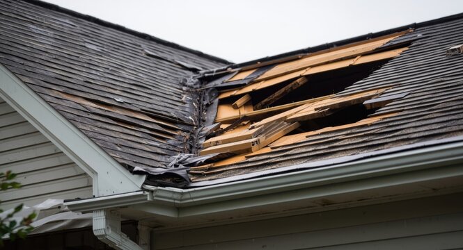 Residential roofing and soffit damage caused by storm