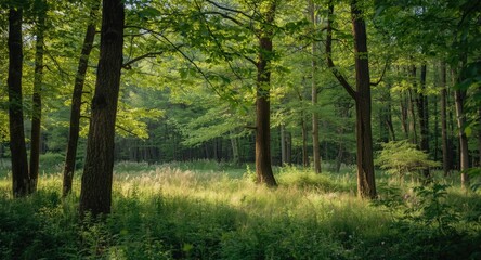 Natural summer woodland landscape with tall trees and lush foliage
