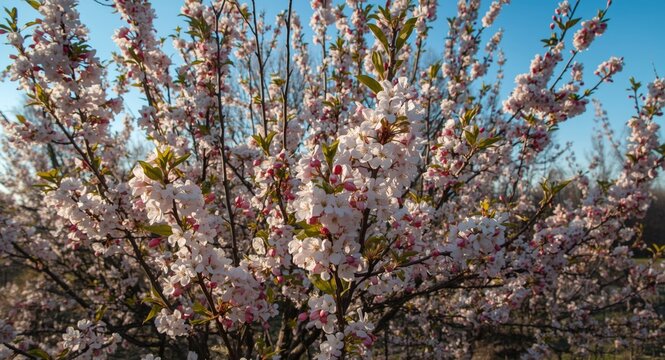 Early spring almond trees displaying profuse blossoms in sunlight