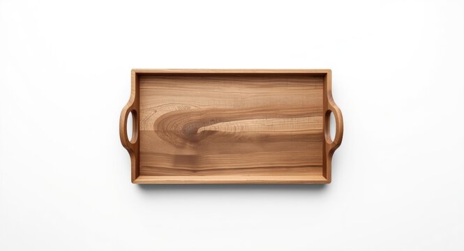 Rustic wooden tray with ergonomically cut handles on a neutral white background for home use