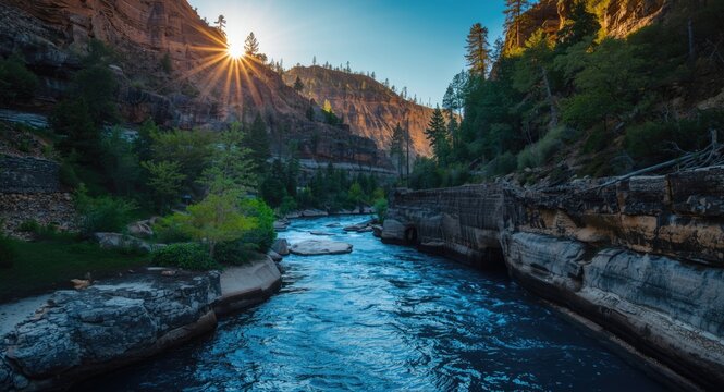 Sun-drenched canyon with a clear blue river flowing in August