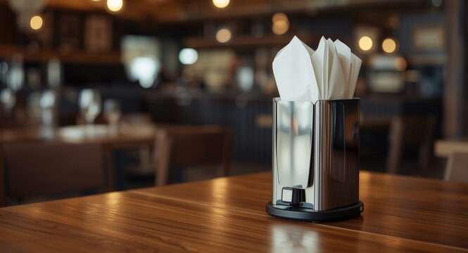 Self-service restaurant scene with napkin dispenser on wood table, blurred background, and open area for marketing text
