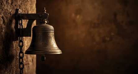 Fototapeta premium Traditional antique bell affixed to wall by metal chain with copy space
