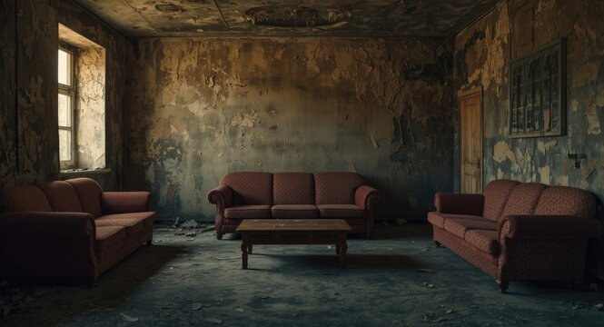 Aged Soviet housing room featuring old furniture and peeling walls with copy space for text