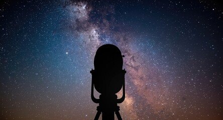 Fototapeta premium milky way galaxy viewed behind shadowy telescope silhouette