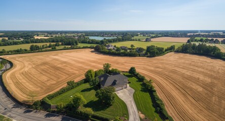 Naklejka premium Top view of rural land with residential house symbolizing real estate development and sales