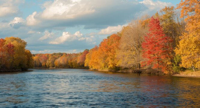 Soothing autumn riverscape with vivid leaf colors and peaceful atmosphere