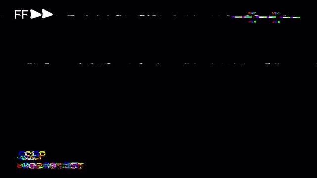 VHS Fast Forward FF Overlay with Distorted Signal, Analog Glitch, Static Interference, and Timecode on Black Background. Seamless Loop 4K Motion Graphic Animation 4k video animation seamless loop