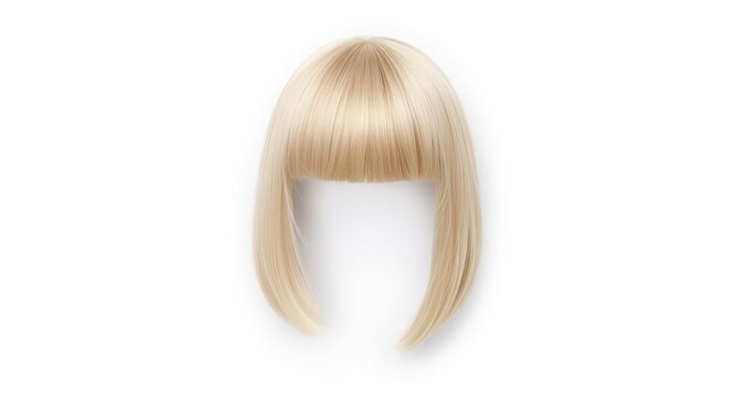 Isolated natural blonde wig with blunt bob and bangs on plain white