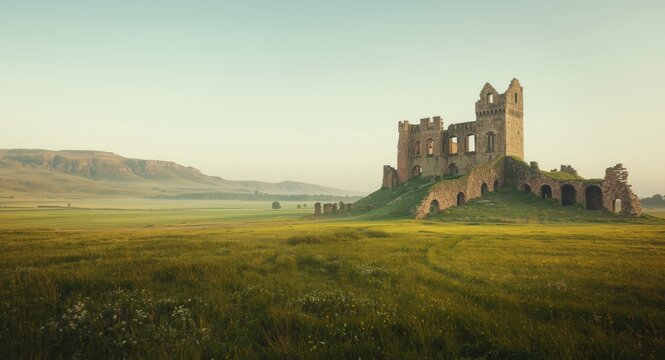 Ruined medieval fortress with shattered walls and fallen towers in open landscape