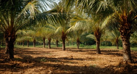 Natural coconut palm plantation with rich soil