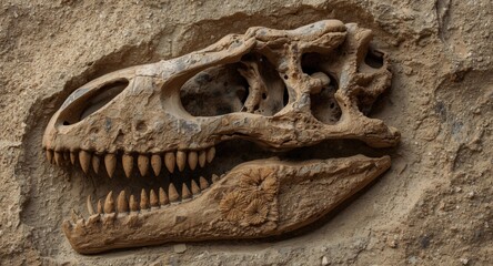 Fototapeta premium Massive dinosaur fossil skull with sharp teeth embedded in sandy soil showing strong jaw