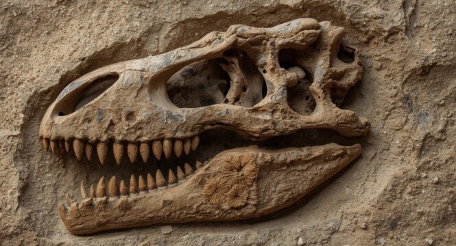 Massive dinosaur fossil skull with sharp teeth embedded in sandy soil showing strong jaw