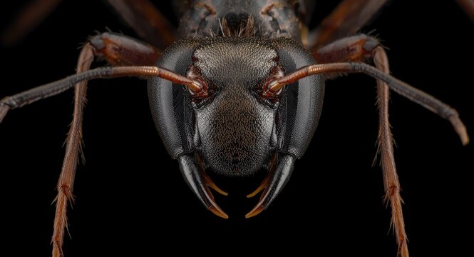 Magnified photo displaying the detailed face and sharp mandibles of an ant with a black backdrop