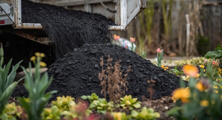 Obraz premium Spring garden scene featuring delivery of black soil from truck to garden bed