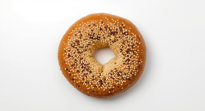 Top view of a sesame seeded Kandil simidi Turkish bagel on white backdrop