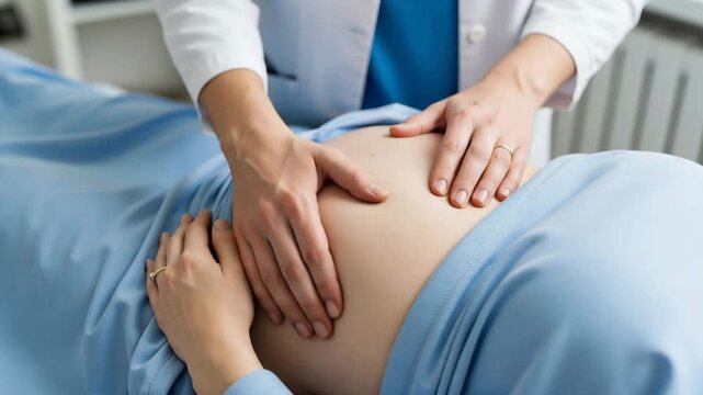 Female obstetrician gently palpating belly of a young pregnant woman during a routine prenatal check-up in the clinic