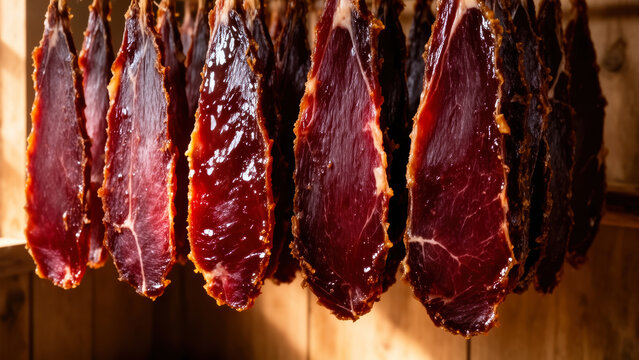 South African biltong drying on rustic wooden sticks, showcasing artisan meat curing tradition and natural daylight ambiance