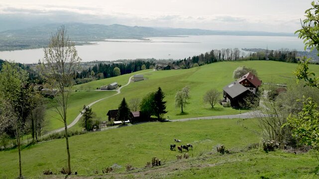 Bodensee, Blick vom Pf&auml;nder in Vorarlberg &uuml;ber gr&uuml;ne Fr&uuml;hlingsweiden auf den Bodensee, die Rheinm&uuml;ndung un die Appenzeller Berge