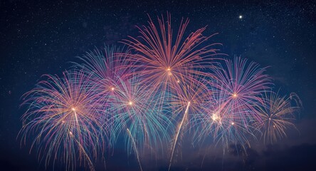 Fototapeta premium Vibrant fireworks display creating a festive atmosphere under starry skies