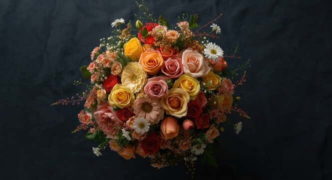 Cheerful bouquet of multicolored roses and assorted flowers viewed from top on a dark background
