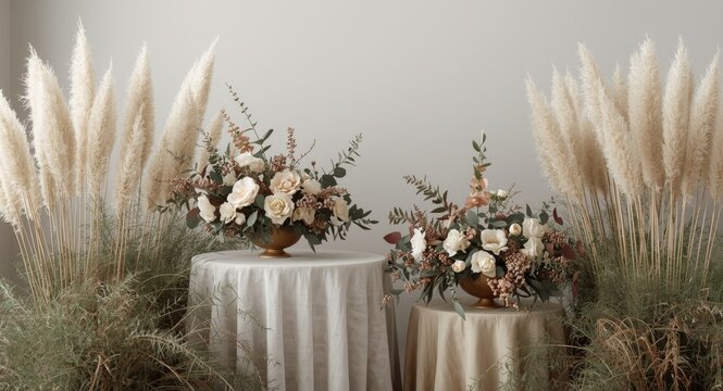 Sophisticated Lightroom staging including flower adorned tables and pampas grass