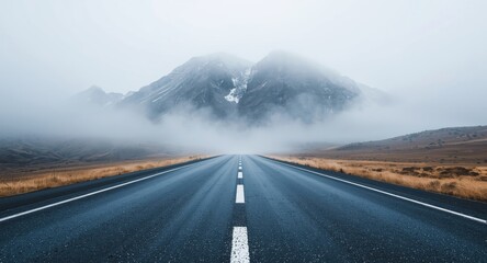 Unoccupied mountain scene combined with abstract blue asphalt and rising mist for product display