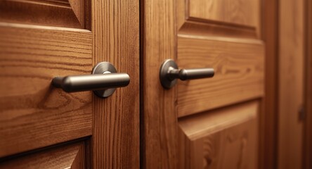 Obraz premium Wooden door close up featuring sleek metal handles and natural wood texture