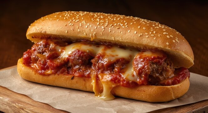 Rich meatball sandwich with spicy marinara sauce and melted cheese