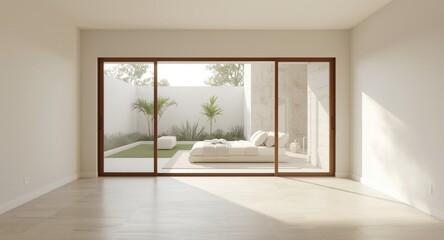 Obraz premium Calm indoor bedroom featuring expansive sliding glass door and landscaped yard blurred for creative design use