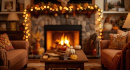 Fireplace focus in cozy indoor setting decorated for autumn