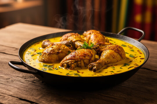 Kenyan Kuku Paka Chicken Legs in Coconut Curry Sauce, Rustic Wooden Table, Warm Colorful Setting, Culinary Delight