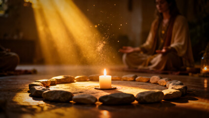 Fototapeta premium Magical circle of stones with lit candles - an ancient altar in an ancient stone temple, sacred ceremonial space