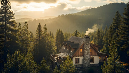 Fototapeta premium Charming wooden lodge with a stone chimney, nestled among pine trees on a hillside during golden hour, bathed in warm sunlight and surrounded by lush green forest.
