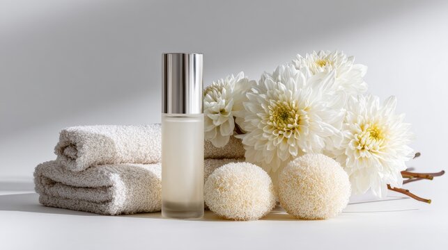 Luxurious Skincare Arrangement with Towel, Flowers, and Serum