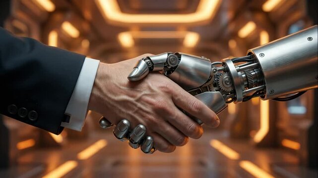 Robot handshake with human in futuristic setting. Collaboration between technology and humanity. Innovative partnership highlights teamwork and progress.