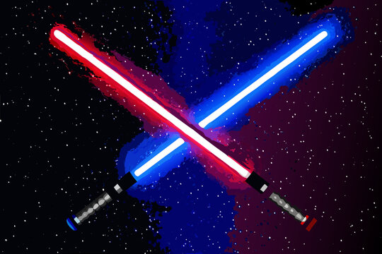 Two lightsabers red and blue clash against a starry dark background