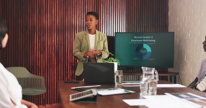 Woman, talk and presentation with staff in office for employee wellbeing with mental health tips. Speaker, briefing and team listen for hr training, awareness program and advice for stress management
