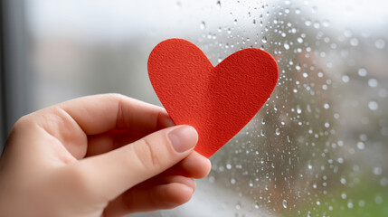 Fototapeta premium Heartfelt gesture on a rainy day - red paper heart against raindrop-covered window
